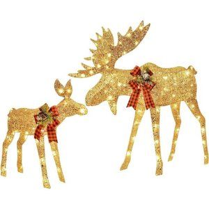 Lighted Christmas Decor Moose Family - Light up Moose 2 Set with 135 Lights,Gold